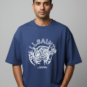 Navy Blue Printed Drop Shoulder Tshirt